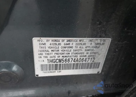 2004 Honda Accord 2.4 Ex z USA, uszkodzony, nr VIN 1HGCM56674A064712